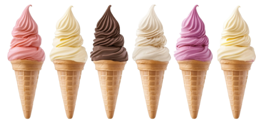 Delicious ice cream cones in chocolate, vanilla, strawberry, and berry flavors, isolated on transparent cutout background