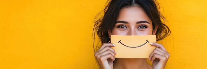 stylish latina woman holding paper over mouth, smile drawn on paper