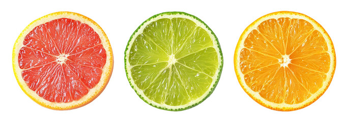 Set of three round citrus slices (lime, orange, grapefruit), isolated on transparent cutout background
