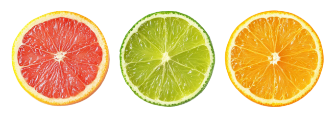 Set of three round citrus slices (lime, orange, grapefruit), isolated on transparent cutout background