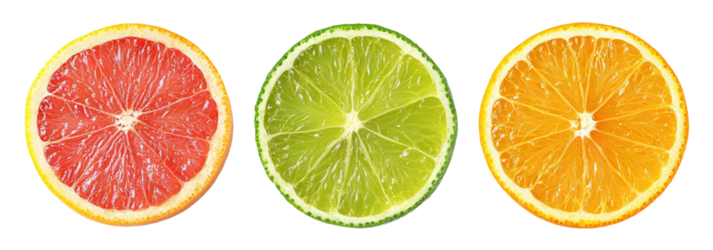 Set of three round citrus slices (lime, orange, grapefruit), isolated on transparent cutout background