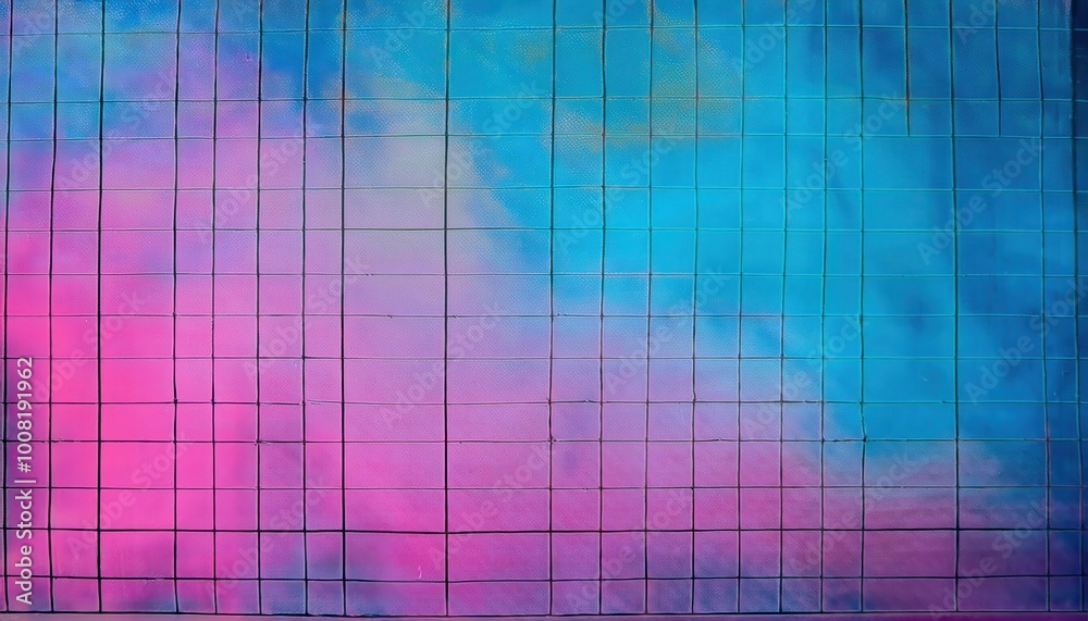 Poster Vibrant Gradient Grid: Abstract Pink and Blue Ombre Background with Intersecting Black Lines Forming a Geometric Pattern on a Textured Surface