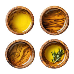 Set of wooden bowls filled with olive oil, isolated on transparent cutout background