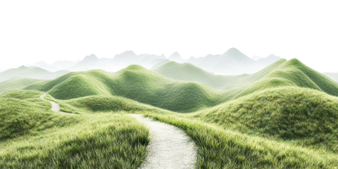 Serene green hills with winding trail, isolated on transparent cutout background