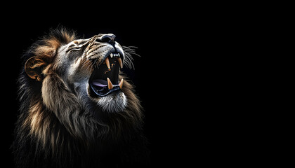 Naklejka premium Portrait lion Roaring with Black background, copy space. Generative ai