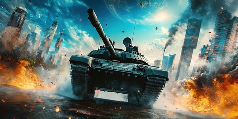 tank driving on globe - military warfare concept