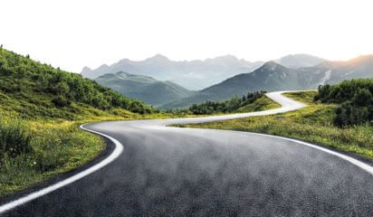 Winding asphalt road through lush green mountains, isolated on transparent cutout background