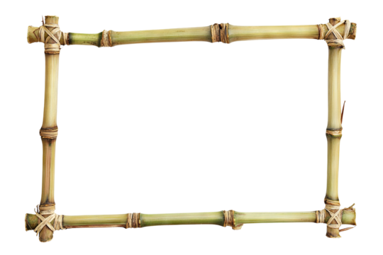 Natural bamboo frame with tied corners, isolated on transparent cutout background