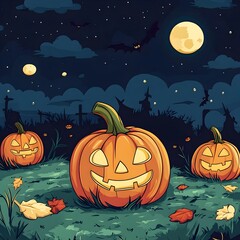 Fototapeta premium Enchanting Pumpkin Lanterns under Starry Halloween Night Landscape