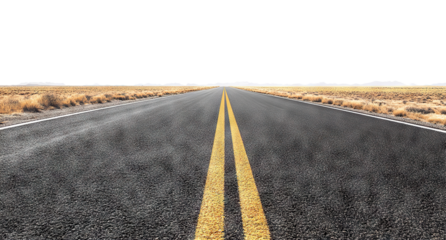 Empty straight asphalt road through desert landscape, isolated on transparent cutout background