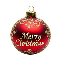 Welcoming Merry Christmas Message Displayed on a Red and Gold Christmas Bauble. Isolated on a Transparent Background. Cutout PNG.