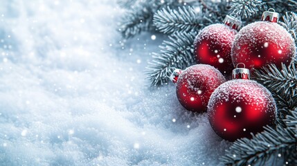 Christmas Baubles On Snowing landscape