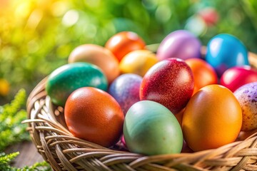 Colorful decorated Easter eggs nestled in a woven basket surrounded by lush greenery