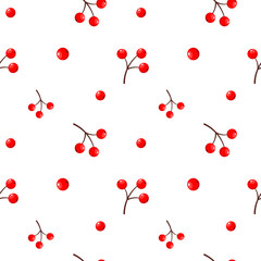 Winter seamless pattern with red berries on white background. Chtistmas holly. Design for print, wrapping paper, textile, fabric, wallpaper. Vector illustration