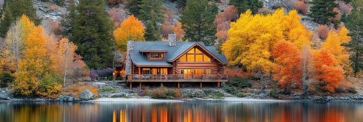 Obraz premium beautiful cabin lake front property in the mountains, colorful autumn,