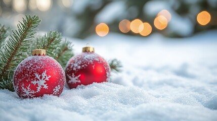 Christmas Baubles On Snowing landscape