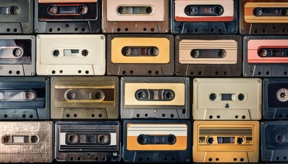 Obraz premium Colorful Vintage Cassette Tapes Collection. Retro Audio Recording Devices from the 80s and 90s Arranged in Rows, Highlighting the Varied Designs, Patterns, and Nostalgic Charm of Analog Music Media