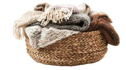 Basket filled with winter laundry on white background