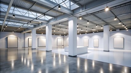Naklejka premium An empty, white gallery space envisioned for modern expos, offering a vast 3D environment perfect for showcasing