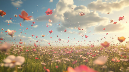 Naklejka premium Na szerokim, otwartym polu kwiatów panuje prawdziwy festiwal barw. Setki kwiatów o różnorodnych kształtach i kolorach rozkwitają w promieniach słońca.