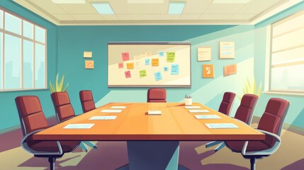 Naklejka premium A cartoon meeting room with a large conference table, chairs, and a whiteboard filled with notes.