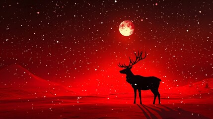 A majestic reindeer silhouetted against a vibrant red moonlit sky, surrounded by falling snowflakes, creating a mystical winter scene.