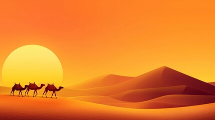 Fototapeta premium A serene desert sunset with a caravan of camels silhouetted against a vibrant orange sky.