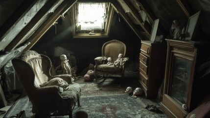 The attic is filled with dusty old furniture, broken dolls, and light coming in through cracks in the ceiling.