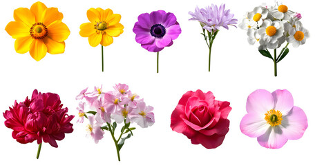 Set of various beautiful blooming flowers isolated on transparent background. 