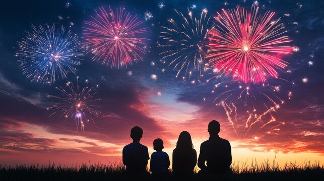Spectacular fireworks illuminate the night sky with enthusiastic crowd in the foreground