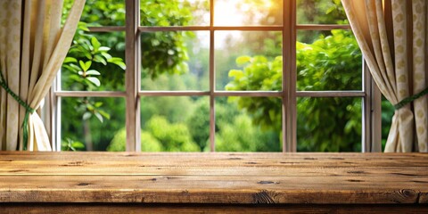An unadorned wooden table top is highlighted by blurred curtains, offering a glimpse of a vibrant garden outside&mdash;ideal