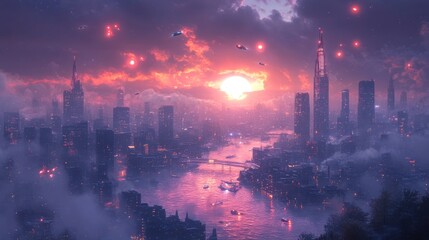 Fototapeta premium Futuristic Cityscape at Sunset