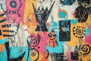 Colorful urban art with graffiti and doodles on textured wall.