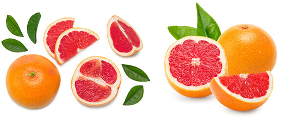 grapefruit with slices and green leaves isolated on white background. clipping path