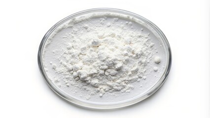 A Petri dish containing calcium carbonate powder set on a white background, ideal for educational and scientific