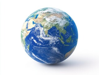Fototapeta premium 2408 71.A vibrant blue and green globe of Earth is placed against a clean white background, with the continents clearly visible and softly illuminated. The stark simplicity of the background draws