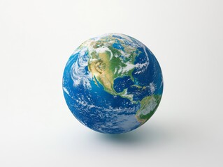 2408 74.A blue and green globe of Earth, with finely detailed landmasses and oceans, is placed on a plain white background. The minimalistic design emphasizes the planetâ€™s delicate balance and the