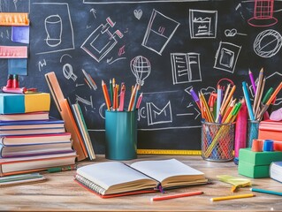 2408 79.A desk filled with stacked books, an open notebook, rulers, and other school supplies in front of a black chalkboard with chalk drawings of school subjects. The setup evokes the theme of