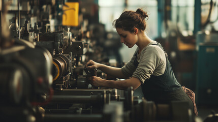 W industrialnym otoczeniu fabryki, silna i zdecydowana kobieta obsługuje skomplikowaną maszynę.