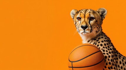 Athletic cheetah gripping a basketball against a vibrant orange backdrop. Perfect for WNBA awards...