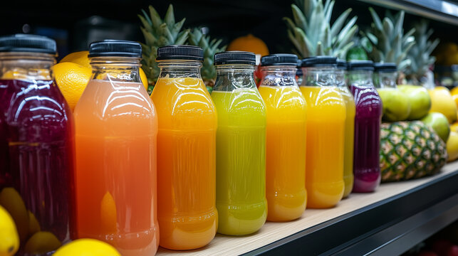 Na p&oacute;łkach supermarketu znajduje się szeroki wyb&oacute;r świeżych organicznych sok&oacute;w, kt&oacute;re kuszą swoją r&oacute;żnorodnością.