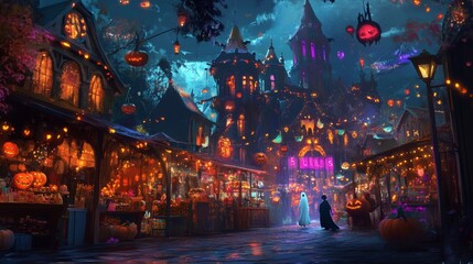 Fototapeta premium A Halloween market in a mystical town with glowing decorations, spooky goods.