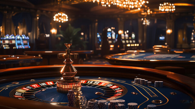 Wnętrze kasyna rozświetlone jest miękkim blaskiem lamp, a atmosfera tętni życiem i ekscytacją.