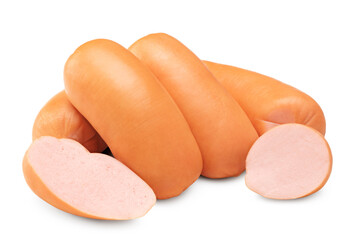 sliced boiled sausages isolated on white background. clipping path