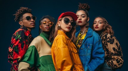 Group of young multicultural friends, including nonbinary person, standing together in stylish attire on dark blue background.