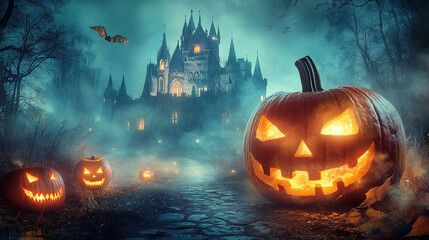 Fototapeta premium Halloween concept background. National Pumpkin Day. Halloween night with pumpkins and jack-o'-lanterns in a dark forest. Halloween pumpkins in spooky scary dark. Halloween Card Party. Copy space 