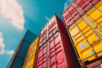 Fototapeta premium Vibrant stacked shipping containers against a blue sky, highlighting global trade and logistics