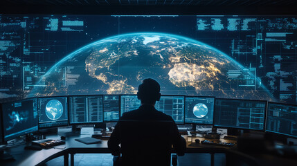 W nowoczesnym Centrum Operacji Sieci otoczone technologią przyszłości, zespół analityków monitoruje globalne połączenia internetowe.