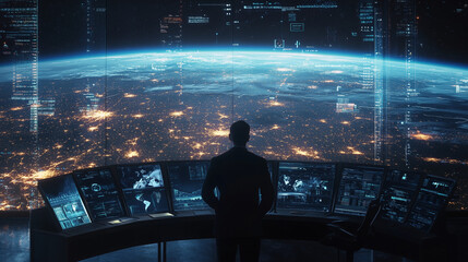 Obraz premium W nowoczesnym Centrum Operacji Sieci otoczone technologią przyszłości, zespół analityków monitoruje globalne połączenia internetowe.