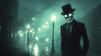 A skeleton in a suit walks along a deserted street.